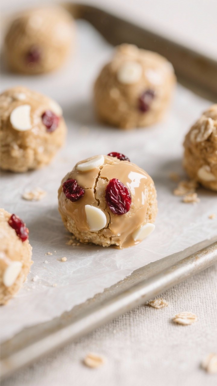 Close-up detail: A tight macro shot of freshly rolled Cranberry White Chocolate Protein Bites on a p