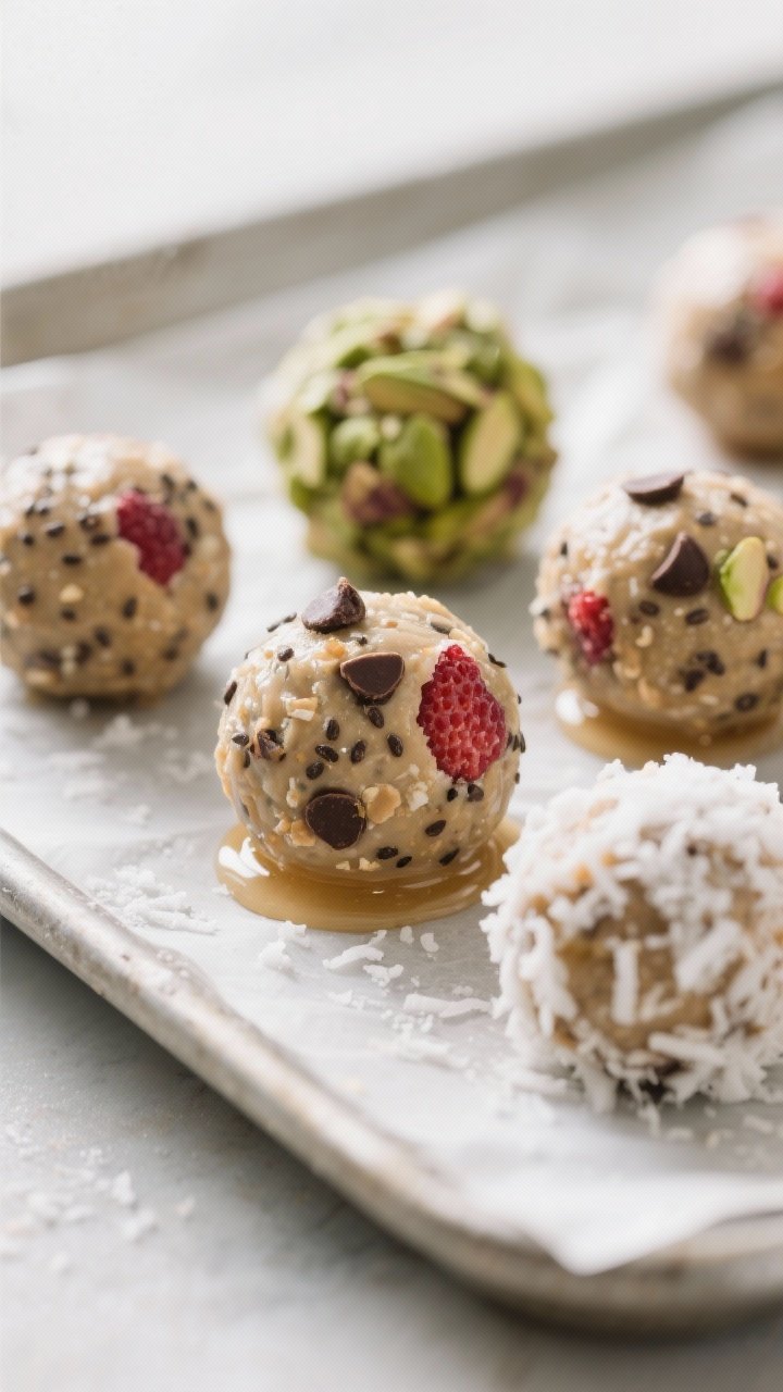 Close-up detail: A tight macro shot of freshly rolled Christmas Pajama Energy Bites, 1-inch spheres 