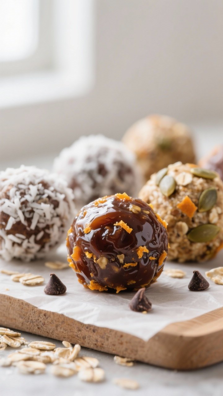 Close-up detail: A tight macro shot of freshly rolled immune-boosting energy balls with a glossy, sl