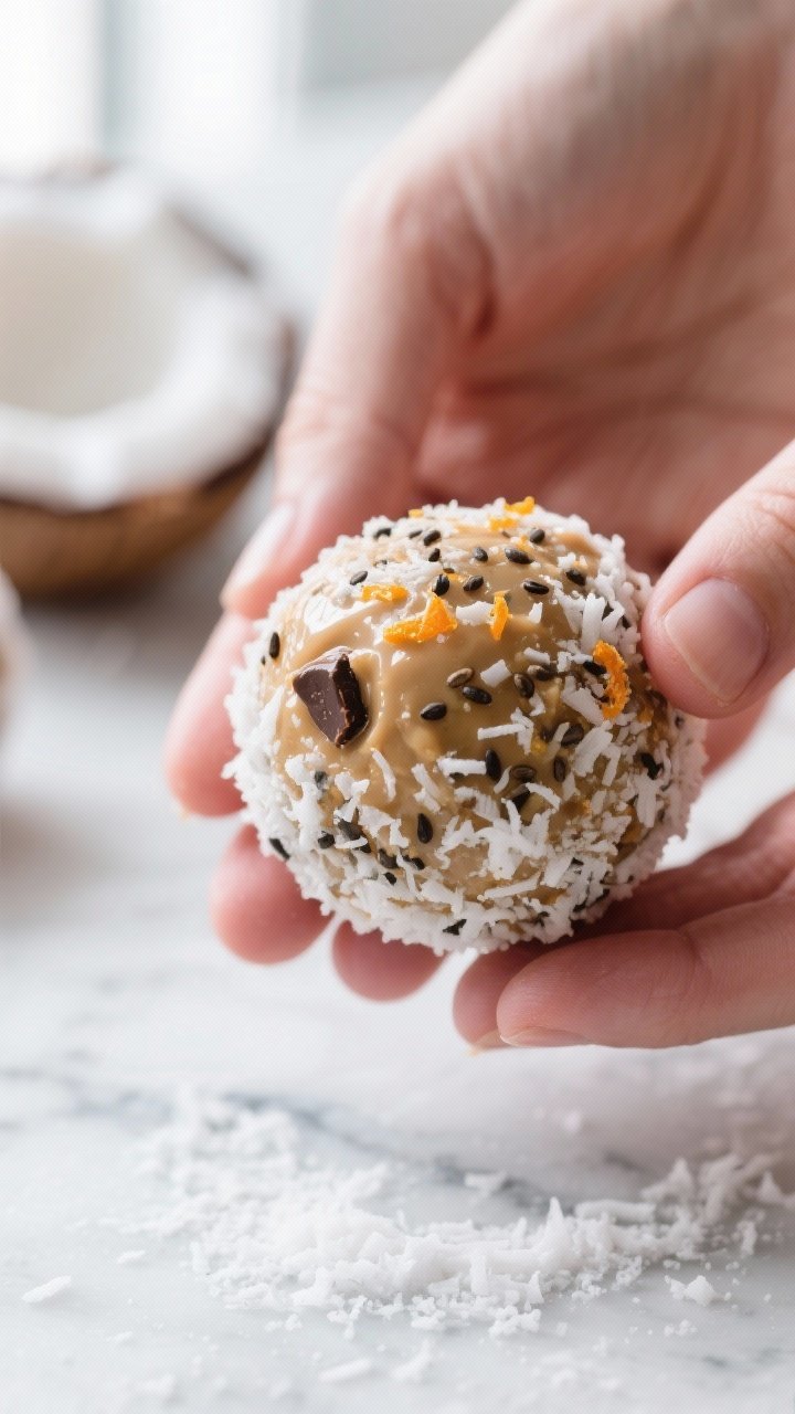 Close-up detail: A tight macro shot of Holiday Sugar Detox Energy Balls being rolled smooth between 