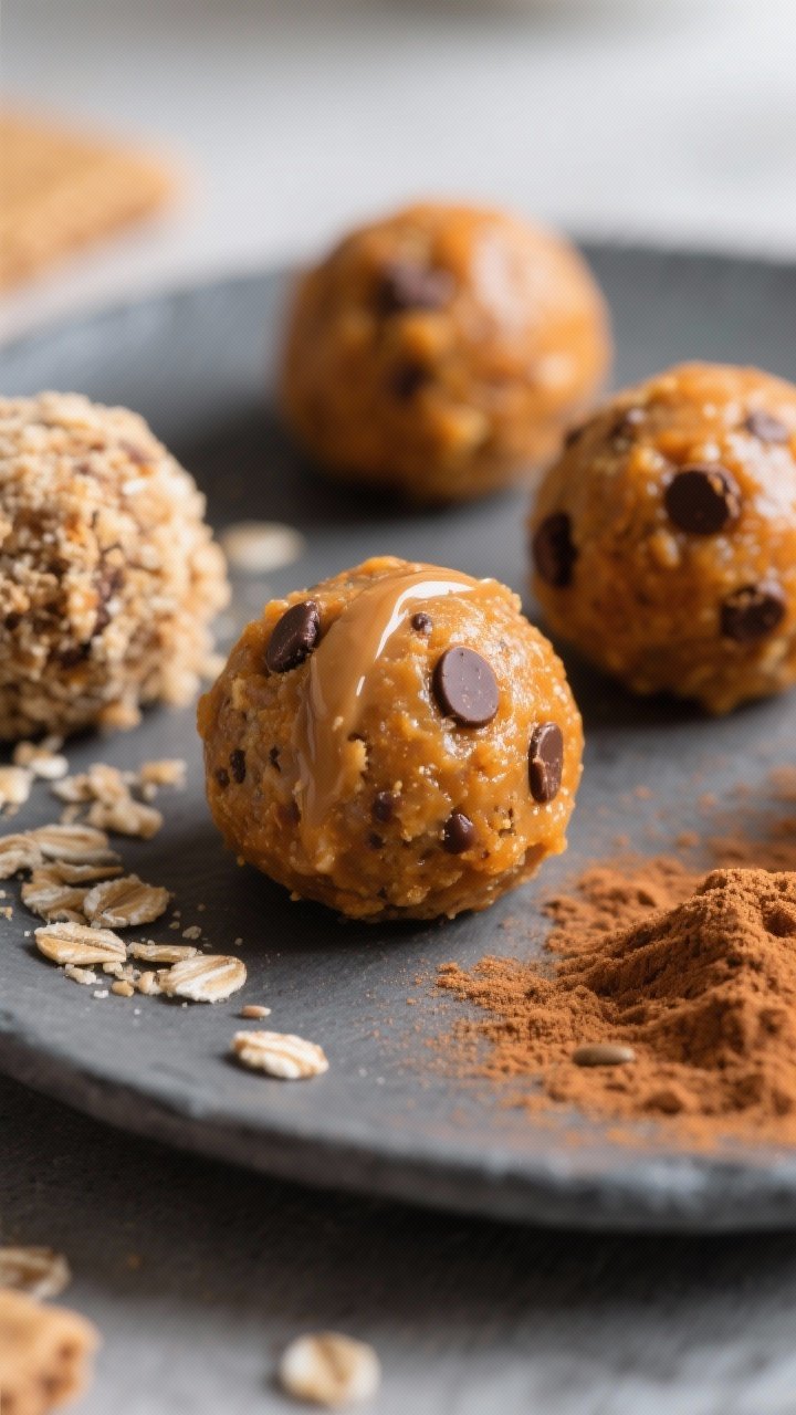 Close-up detail: A tight macro shot of perfectly rolled Pumpkin Pie Energy Balls, showing a moist, c