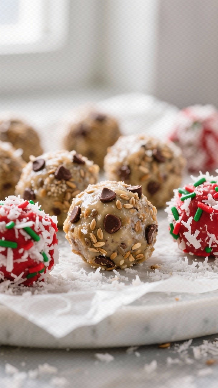 Close-up detail: A tight macro shot of rolled “Santa’s Favorite Energy Bites” fresh from chill
