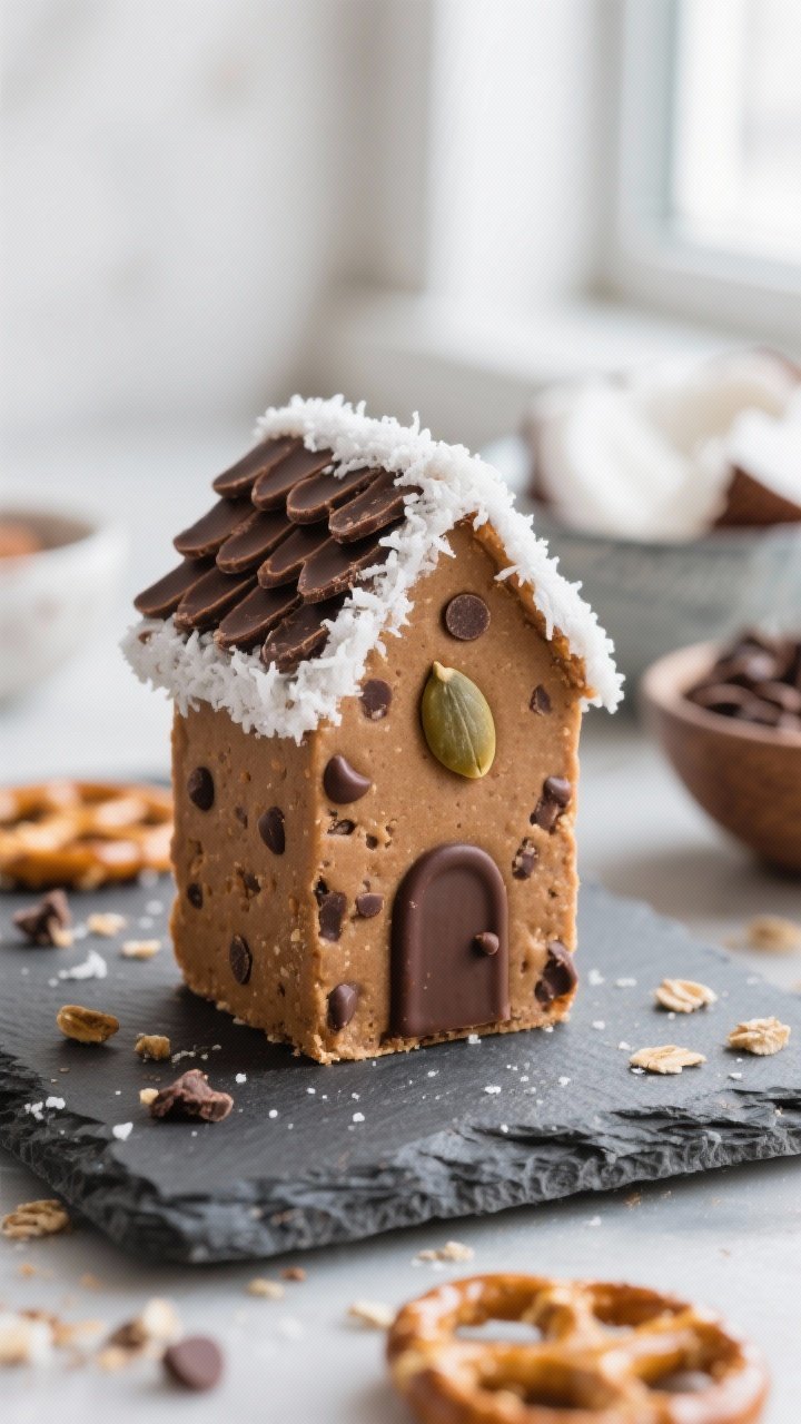 Close-up detail: A tiny rectangular “gingerbread house” energy bite mid-decorating on a cool sla