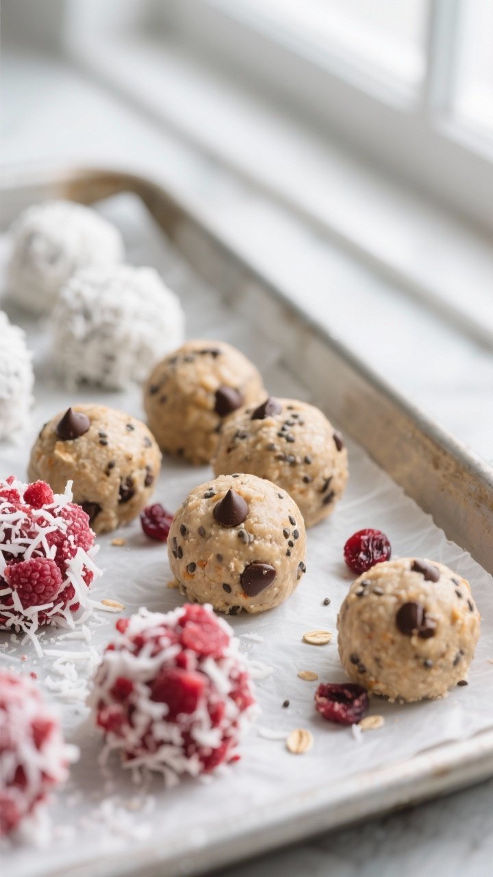 Close-up detail: A tray of chilled Christmas Concert Protein Bites just out of the fridge, each roll