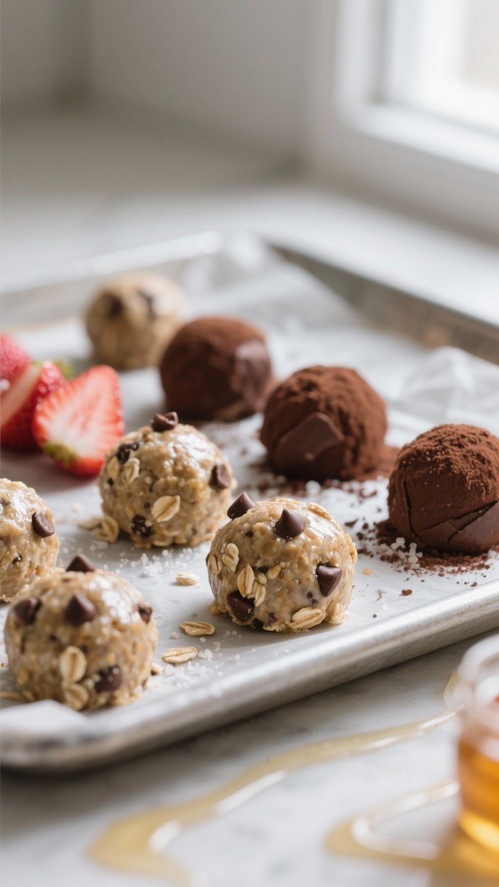Close-up detail: A tray of chilled, no-bake protein bites just set on parchment, each glossy and rou