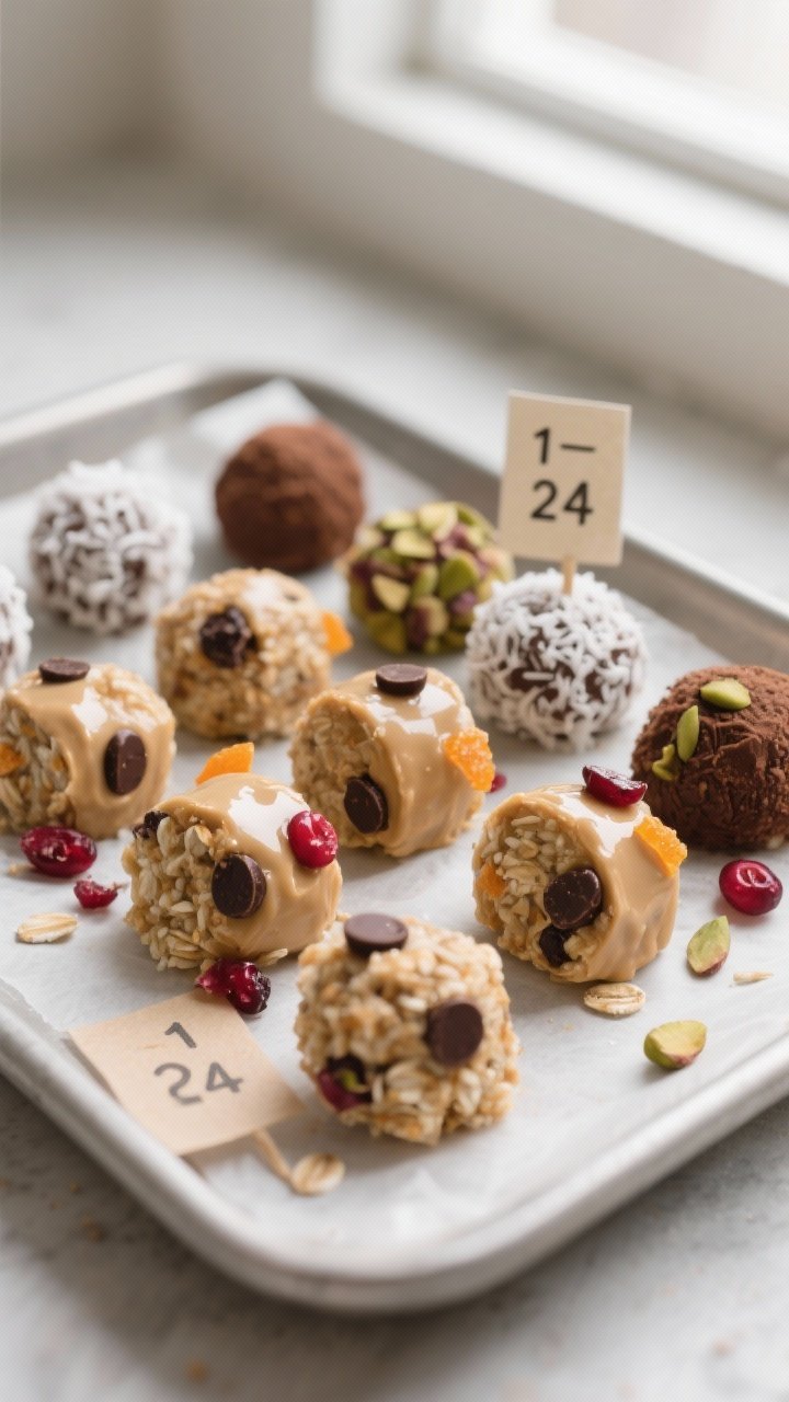 Close-up detail: A tray of finished Advent Calendar Energy Bites, each rolled to a uniform 1-tablesp