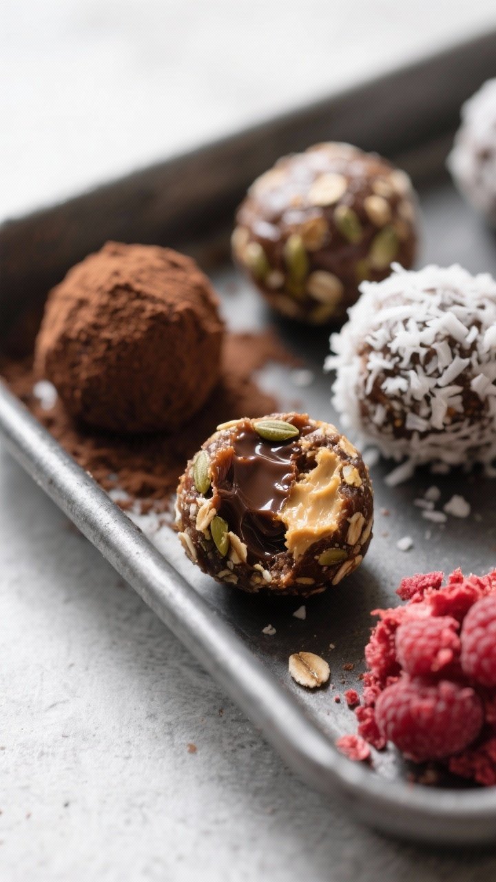 Close-up detail: A tray of finished allergy-friendly energy balls, rolled in three coatings—fine c