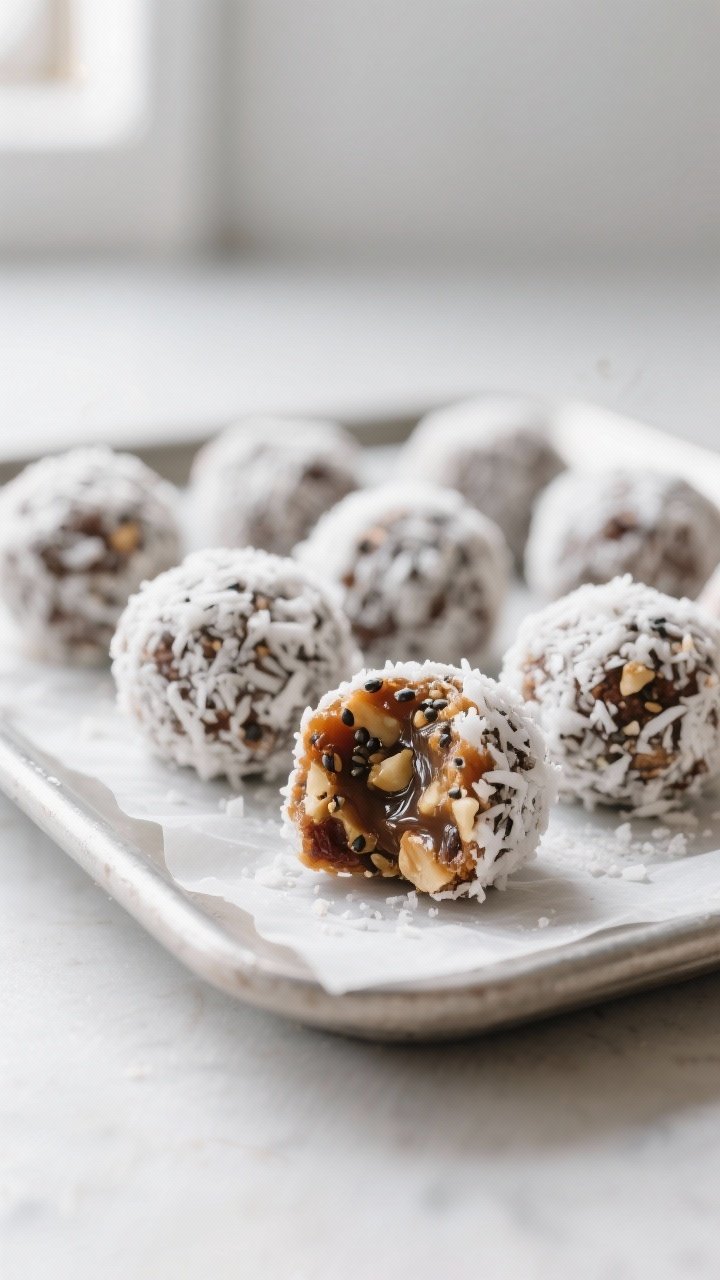 Close-up detail: A tray of finished Coconut Date Energy Bites freshly rolled and coated in extra uns