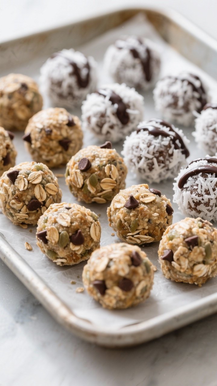Close-up detail: A tray of finished freezer-friendly protein bites just out of the freezer, walnut-s