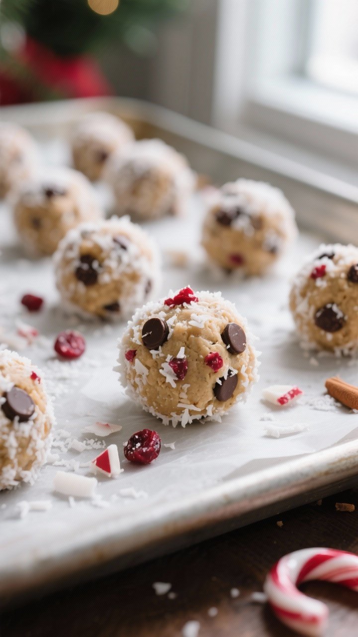 Close-up detail: A tray of freshly rolled Christmas Cookie Swap Protein Balls coated in “coconut s