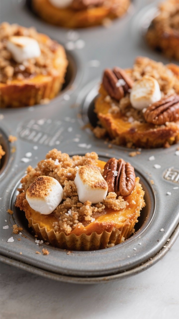 Close-up detail: A tray of just-baked Sweet Potato Casserole Bites in a greased mini muffin pan, bas