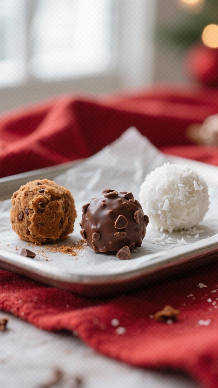 Close-up detail: A trio of rolled energy balls in Gingerbread, Peppermint Mocha, and Coconut Snowbal