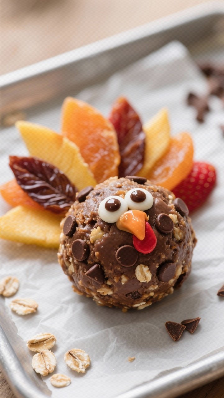 Close-up detail: A turkey-shaped energy ball assembled and ready to chill, captured at a shallow ang