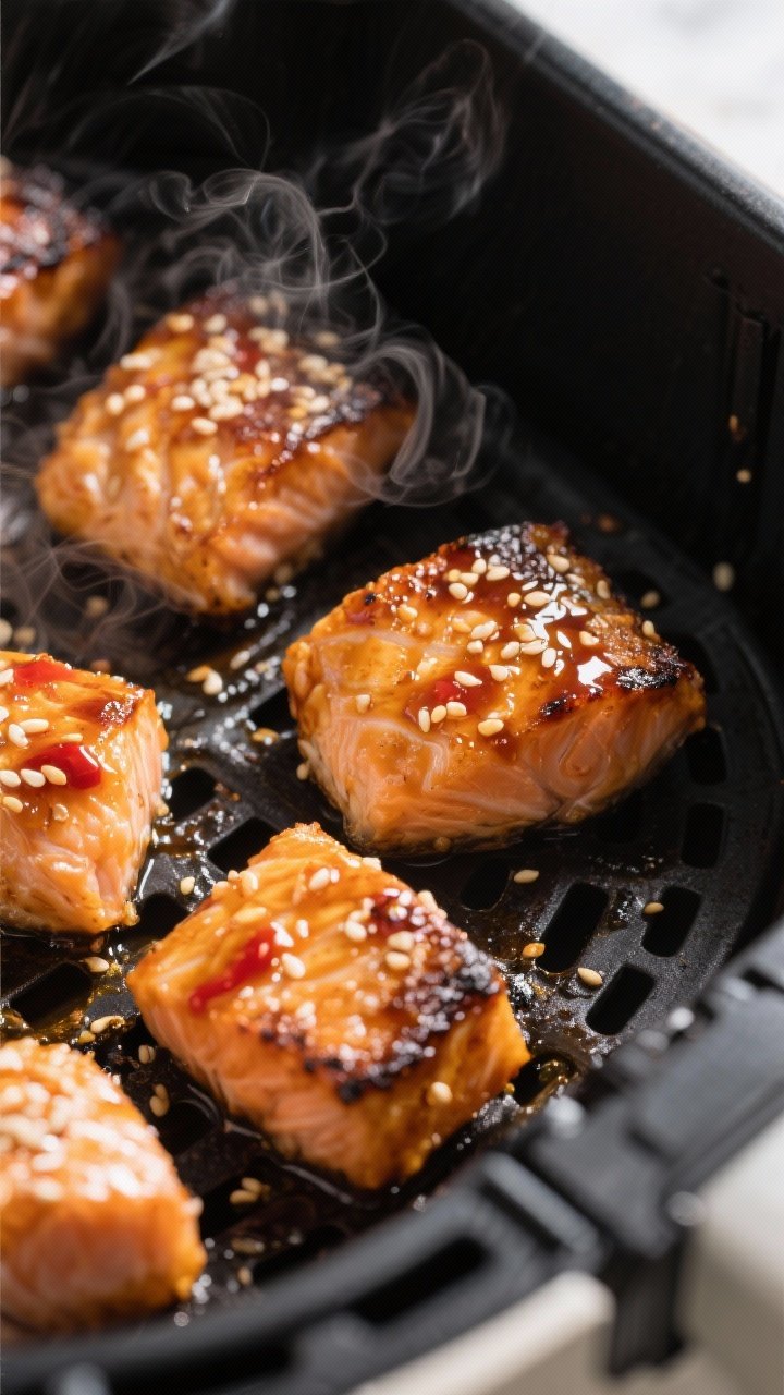 Close-up detail: Air fryer salmon bites just finished cooking in the basket at 390°F, edges lightly
