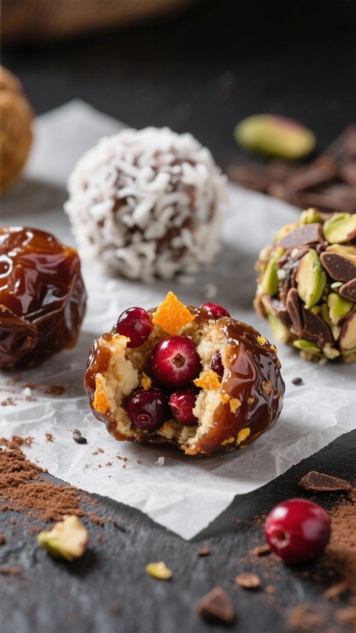 Close-up detail: Bite-sized Fruitcake Energy Bites freshly rolled and set on parchment, showing glos