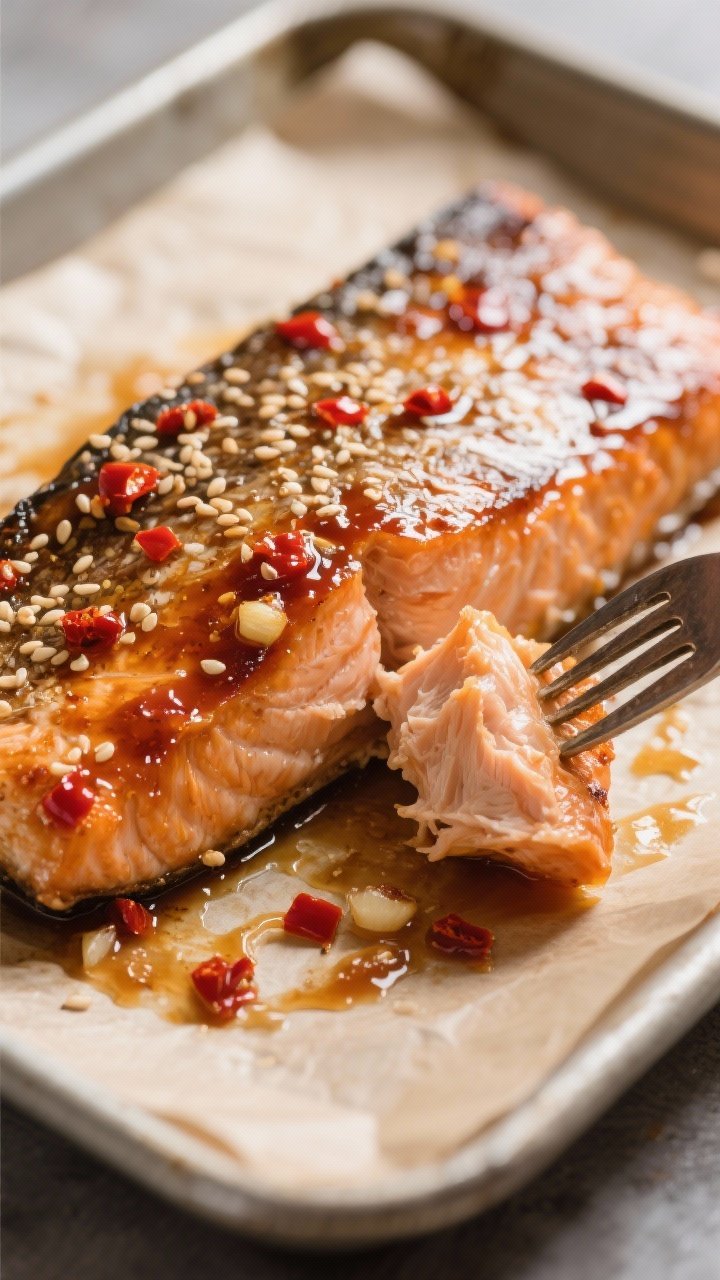 Close-up detail: Broiled, chili-lacquered salmon just out of the oven, skin-side down on a parchment