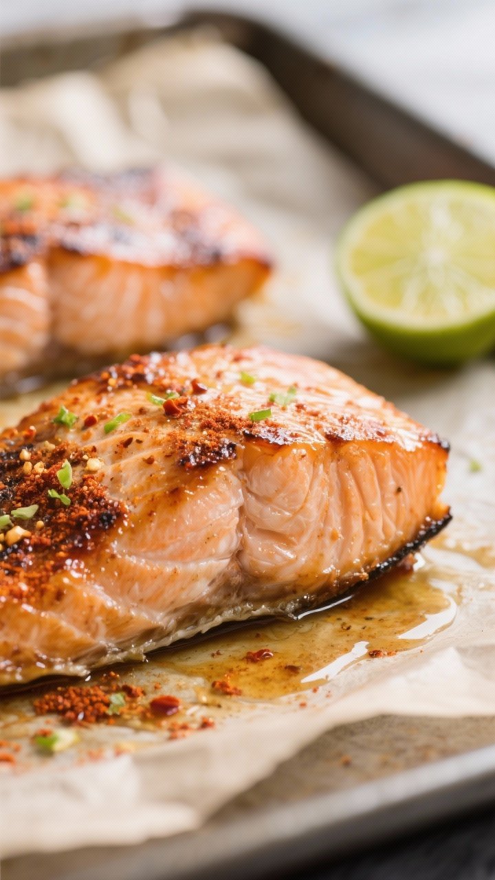 Close-up detail: Broiled chili-lime baked salmon just out of the oven, surface caramelized with glos
