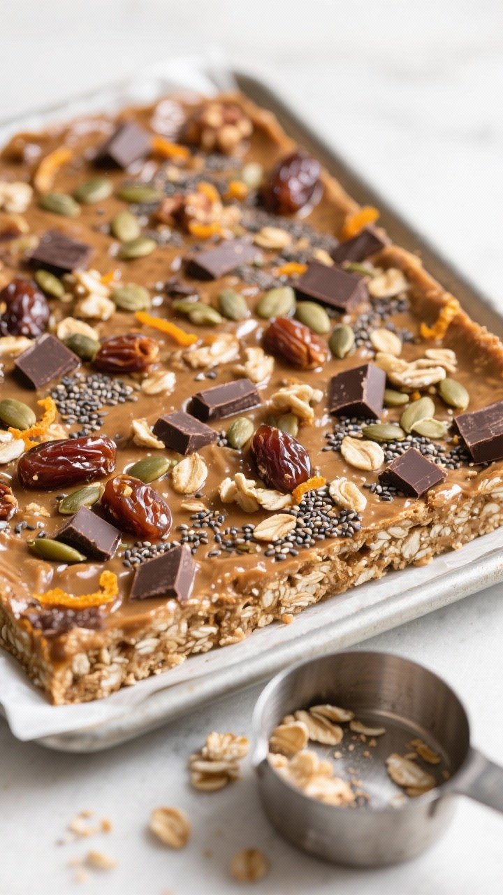 Close-up detail: Chewy Snow Day Energy Bar slab just after pressing into a parchment-lined 8x8 pan, 