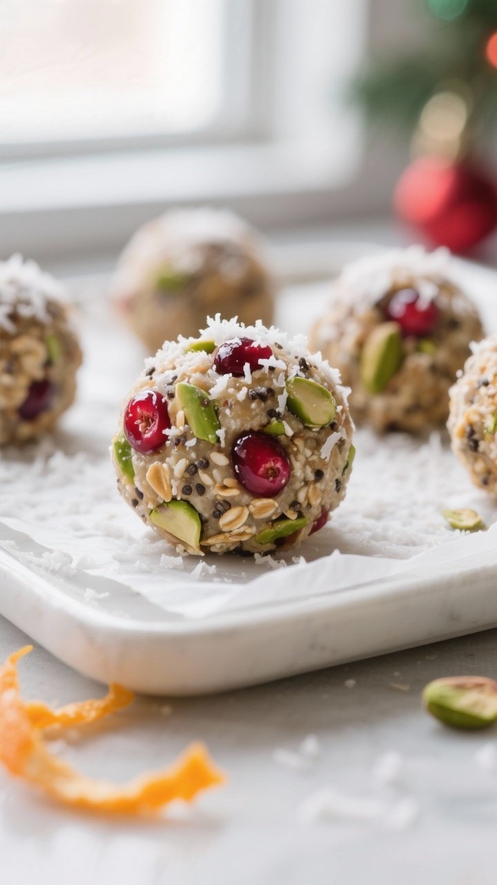 Close-up detail: Cranberry Pistachio Energy Ball just after rolling, glossy and tacky surface with v