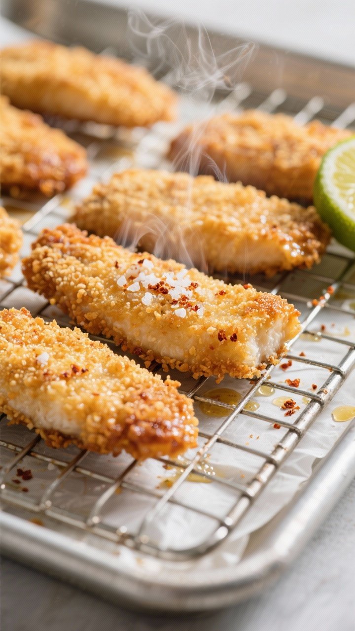 Close-up detail: Crispy baked fish strips just out of the oven on a wire rack over a parchment-lined