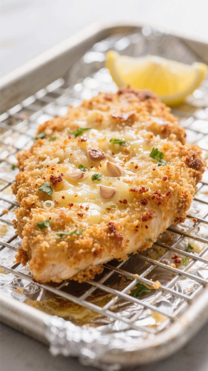 Close-up detail: Crispy garlic parmesan chicken cutlet just out of the oven on a wire rack over a fo