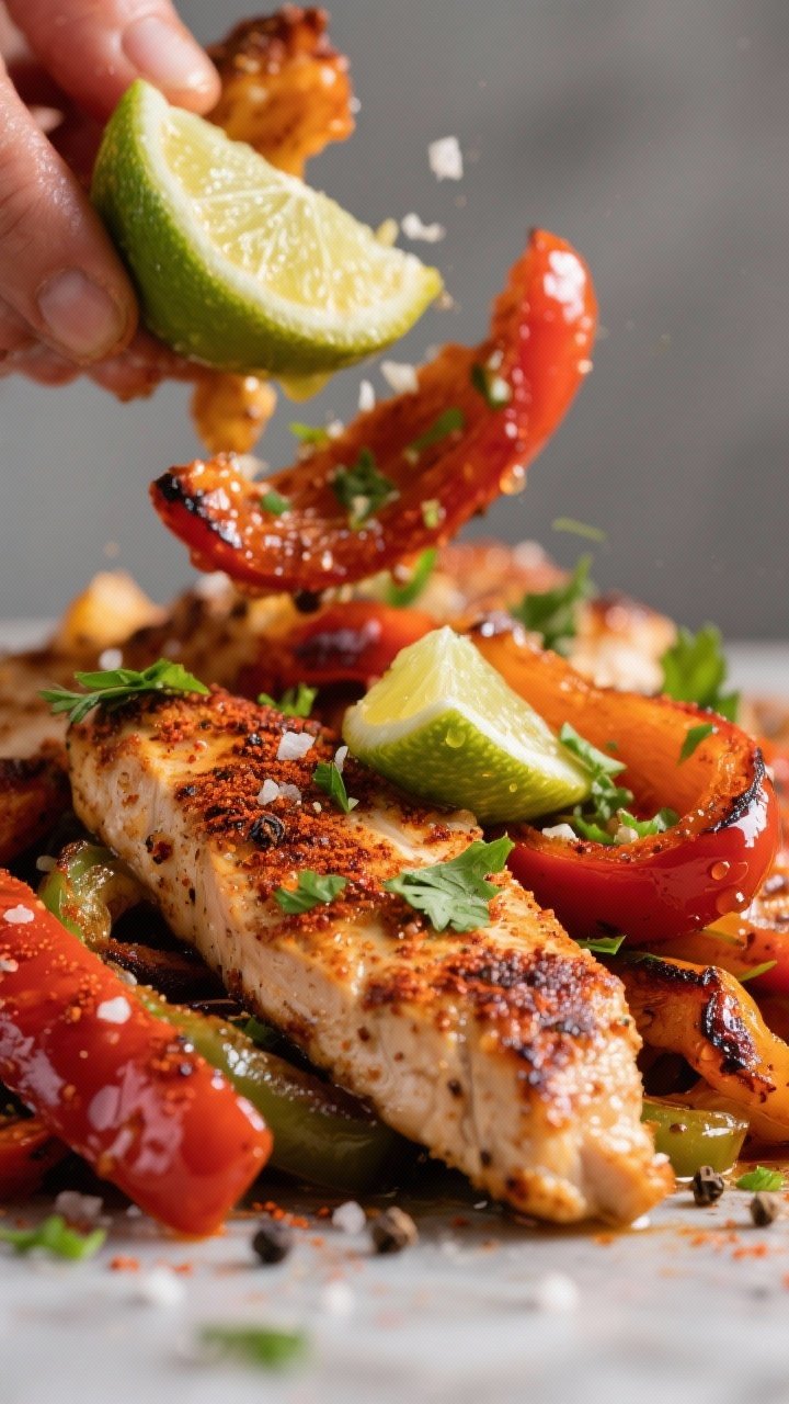 Close-up detail, finish with lime: Tight macro of cooked fajita chicken and peppers just out of the 