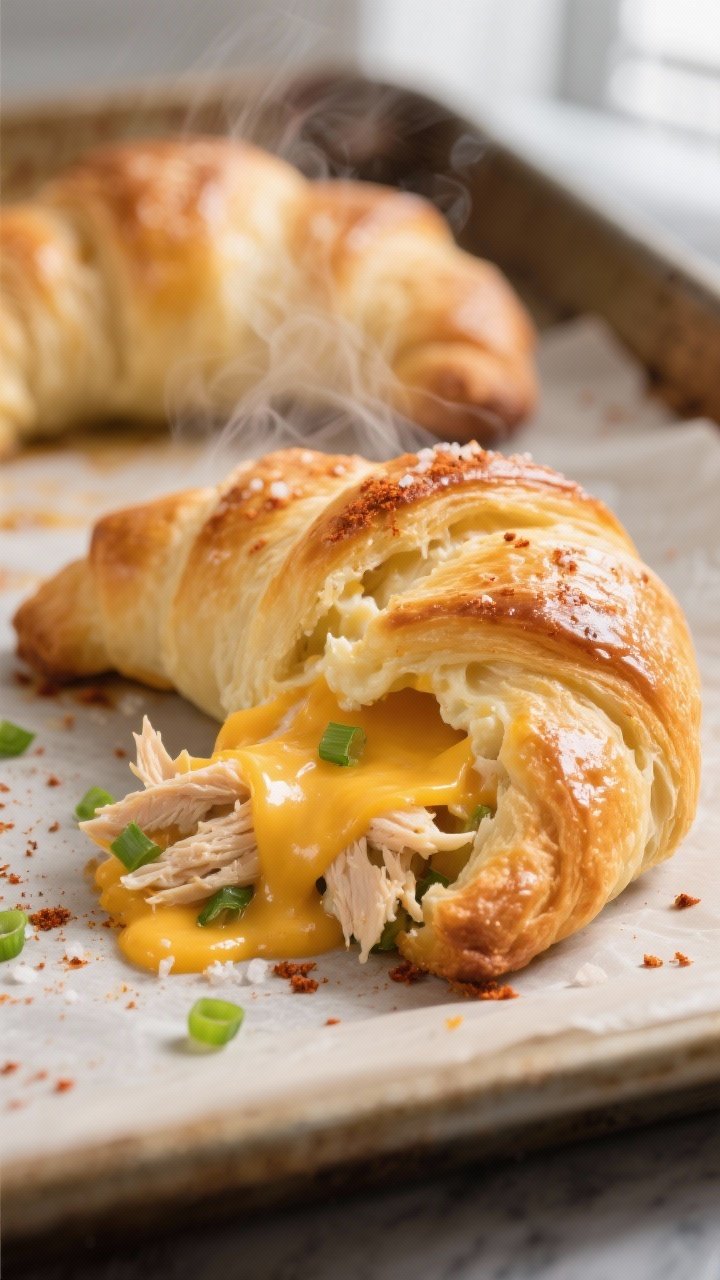 Close-up detail: Freshly baked cheesy chicken crescent roll torn open to reveal molten cheddar-cream