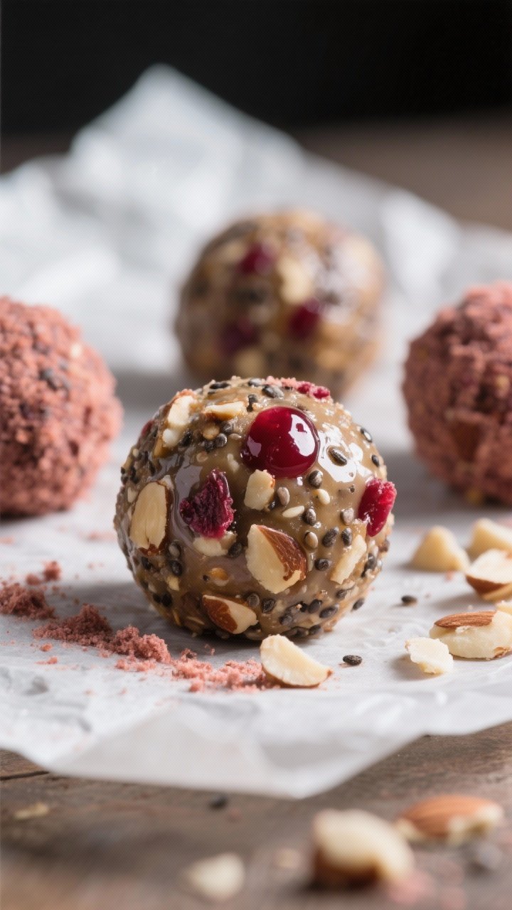 Close-up detail: Freshly rolled Cherry Almond Energy Balls resting on parchment after a short chill,