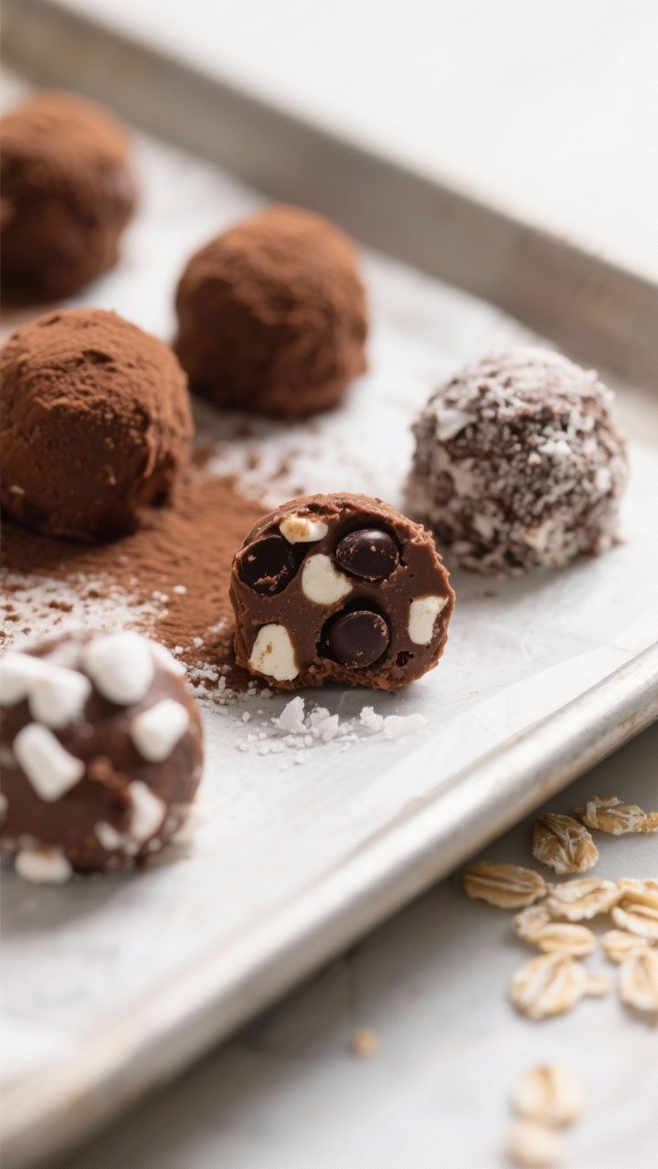 Close-up detail: Freshly rolled Hot Cocoa Protein Bites on a parchment-lined tray just before chilli