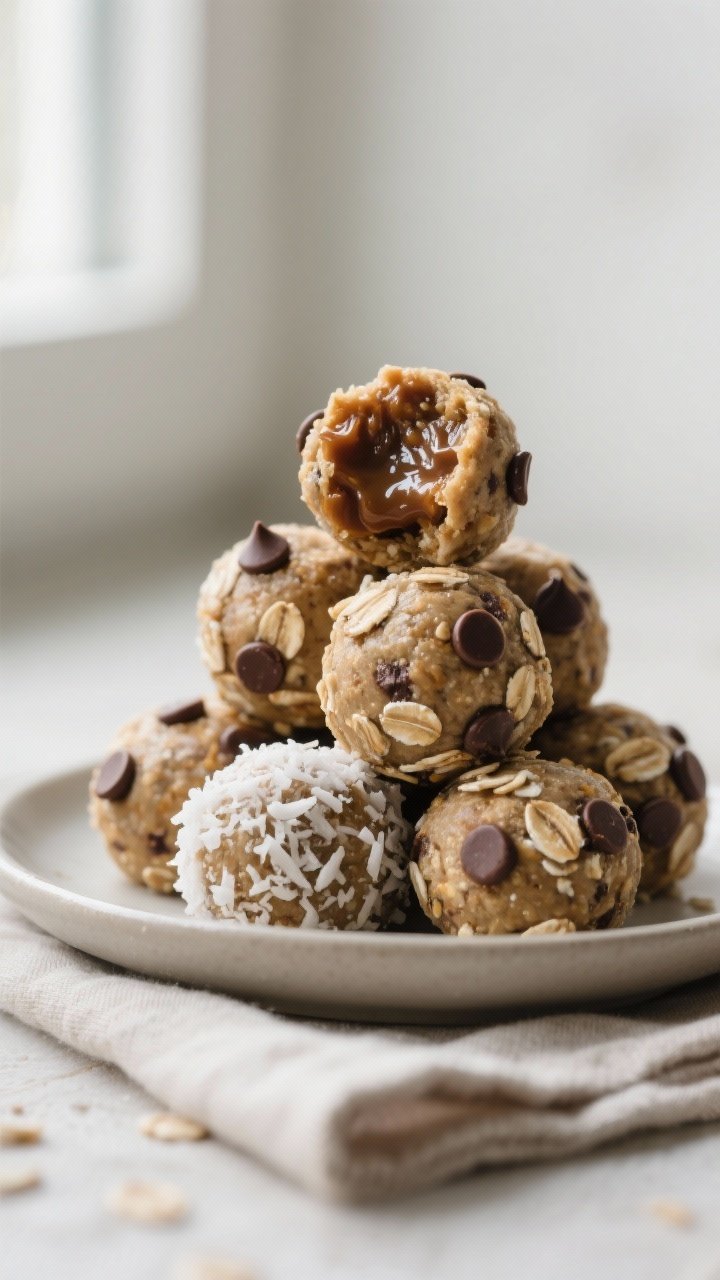 Close-up detail: freshly rolled kid-approved energy balls stacked in a small pyramid, glossy mini ch
