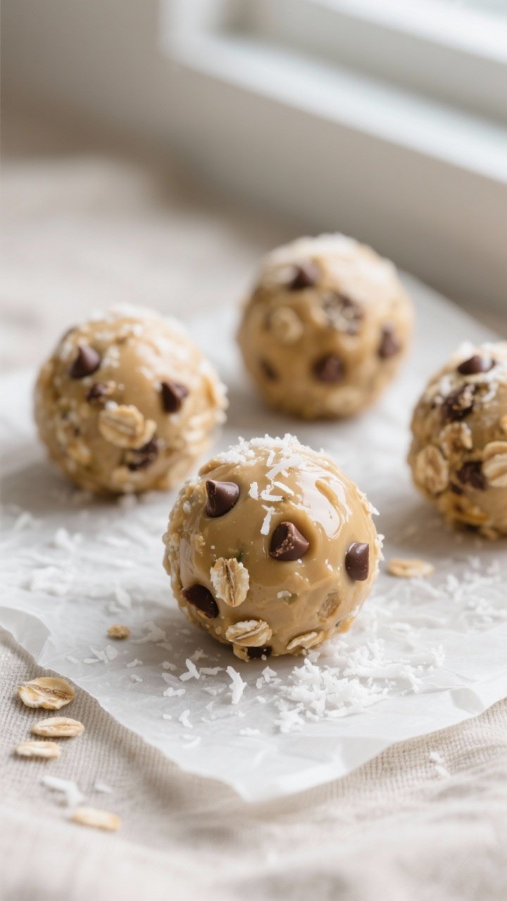 Close-up detail: freshly rolled sunflower seed butter balls resting on parchment after chilling, glo