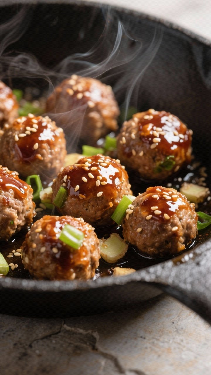 Close-up detail: Glazed turkey meatballs just tossed in a skillet, shimmering lacquered sauce clingi