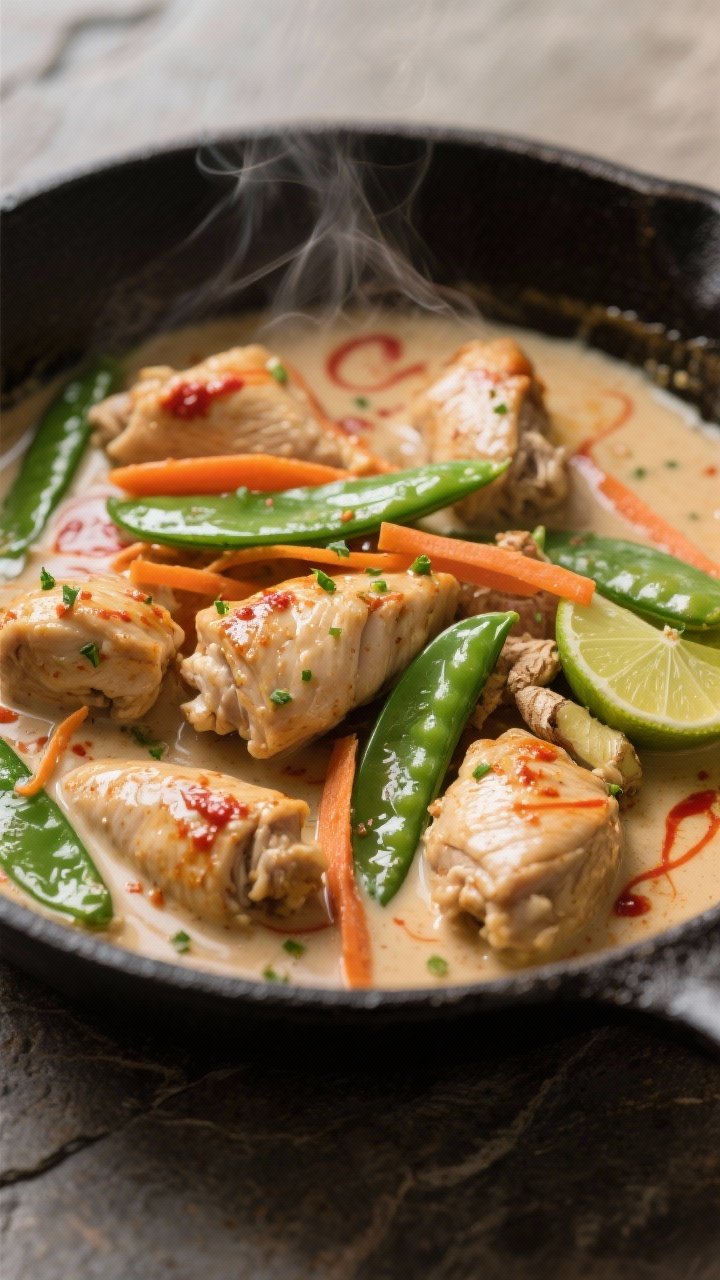 Close-up detail: Glossy coconut-lime chicken simmering in a shallow skillet, bite-size thigh pieces 