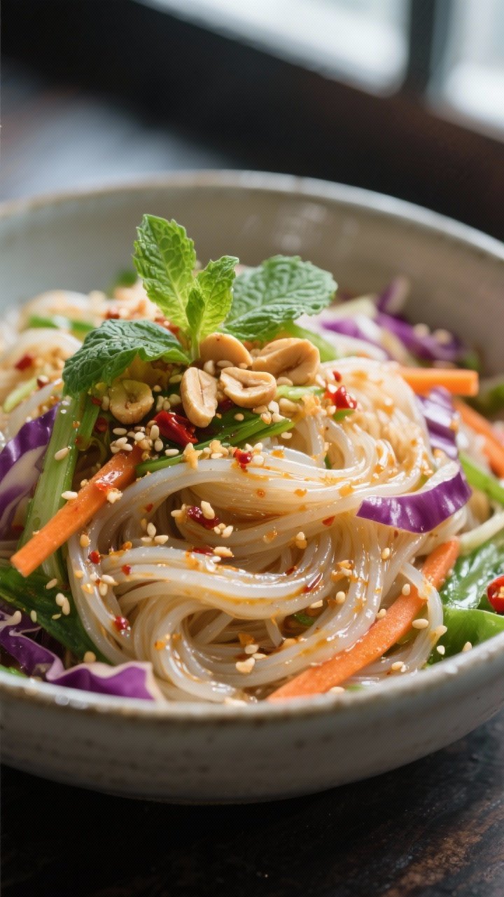 Close-up detail: Glossy rice vermicelli tossed with the spicy ginger dressing clinging to the strand