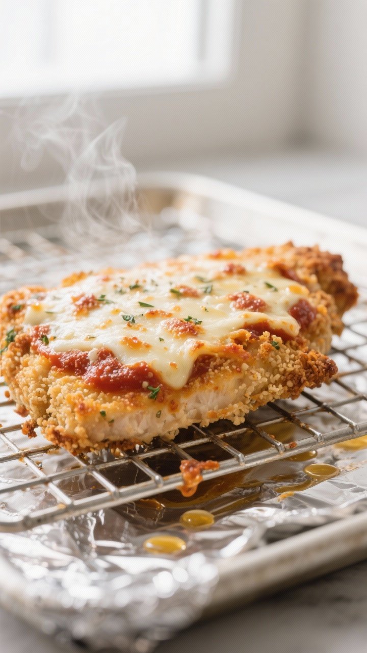 Close-up detail: Golden-baked chicken Parmesan cutlet fresh from the oven on a wire rack over a foil