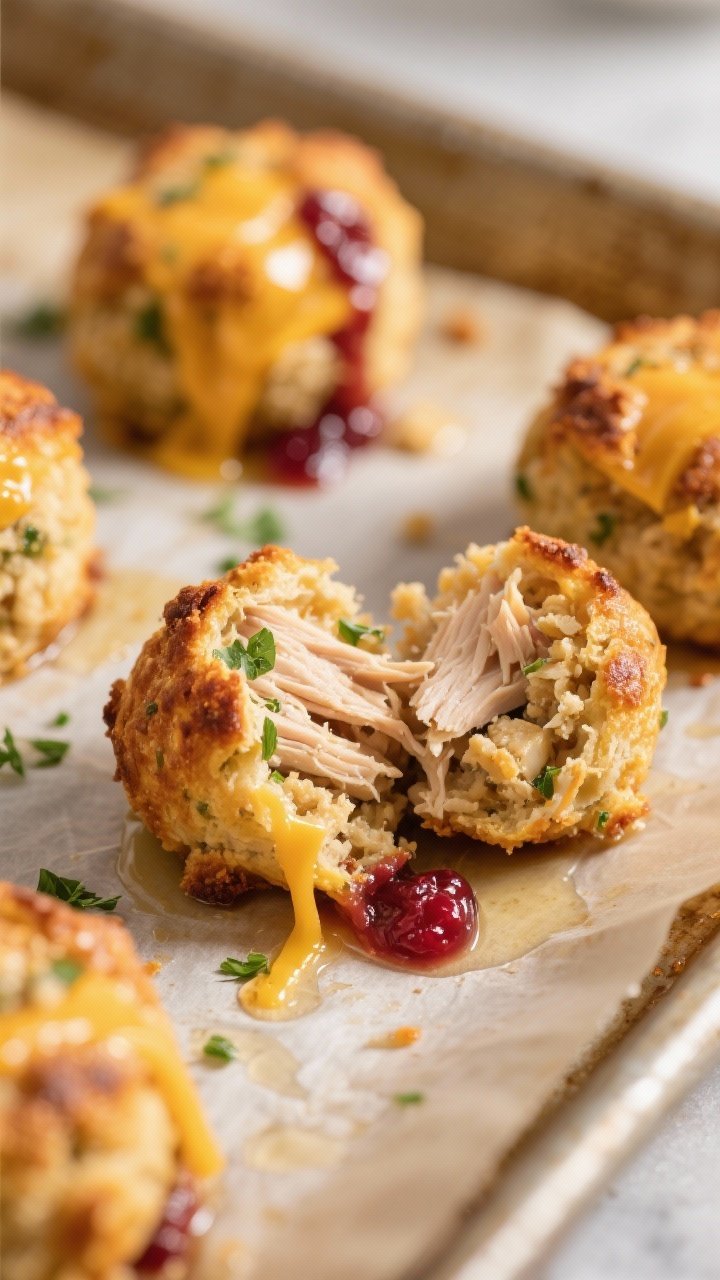 Close-up detail: Golden-baked Thanksgiving Leftover Protein Bites just out of the oven, highlighting