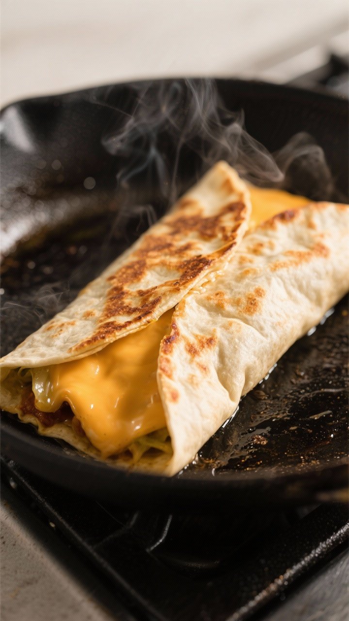 Close-up detail: Golden-seared Crunchwrap Supreme seam-side down in a nonstick skillet, mid-cook, wi