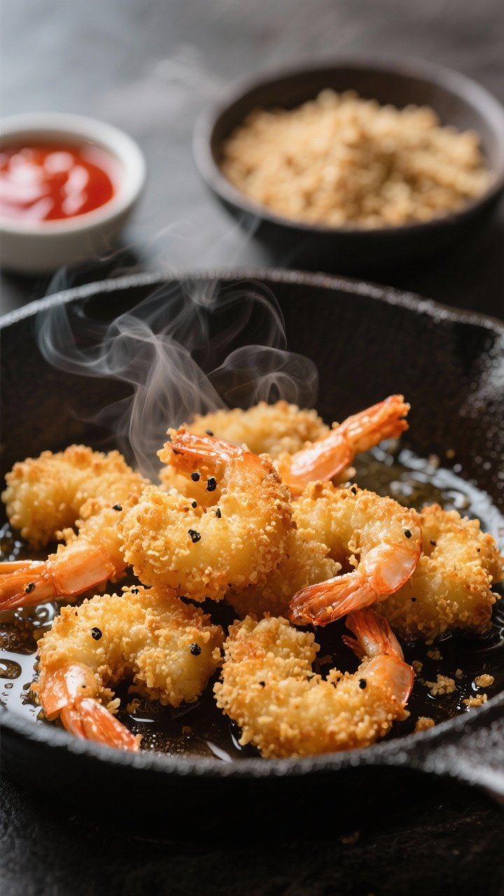 Close-up detail: Golden, ultra-crispy panko shrimp just out of the pan, glistening with light shallo