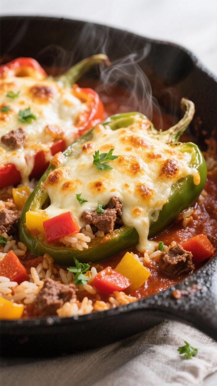 Close-up detail: Gooey, freshly baked stuffed pepper casserole just out of the oven, cheese melted a