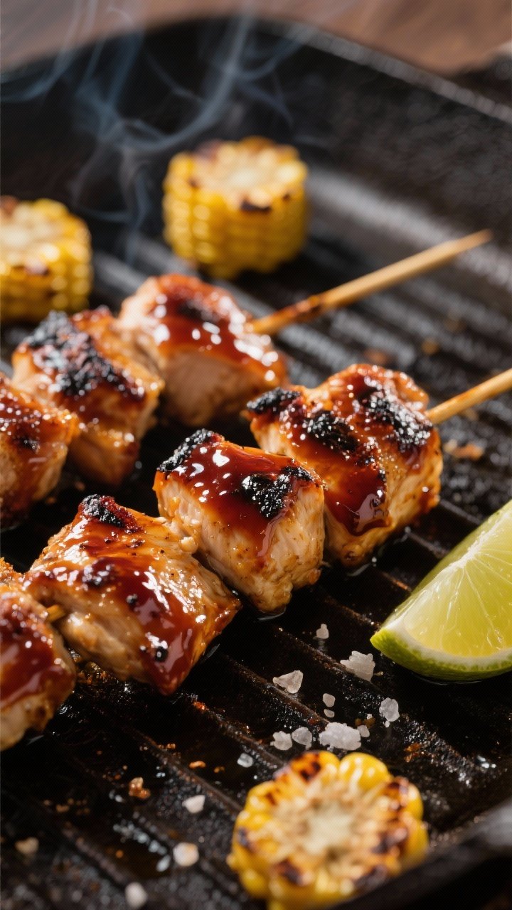 Close-up detail: Juicy BBQ-glazed chicken skewers just off the grill, deep mahogany char marks and c
