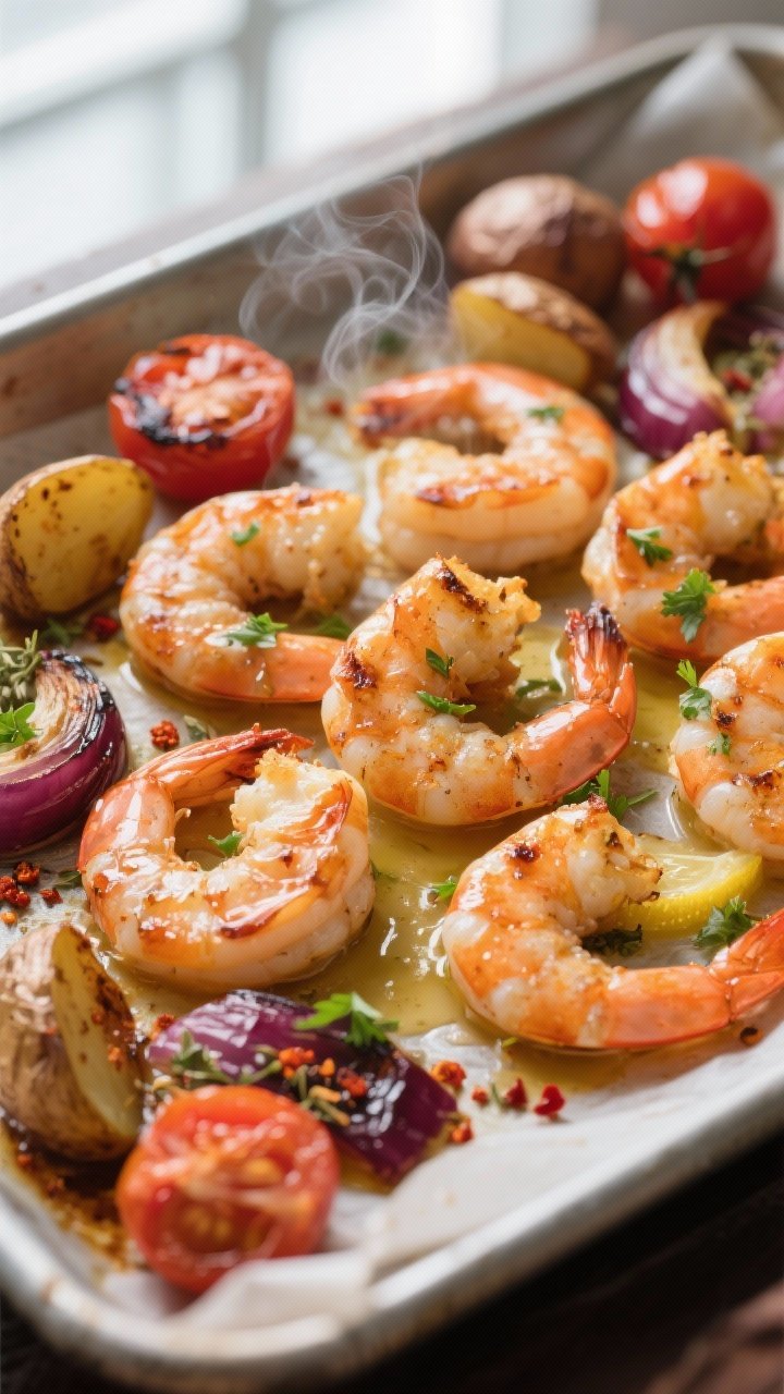 Close-up detail: Juicy roasted shrimp on a hot sheet pan just out of the oven, shrimp curled into pe