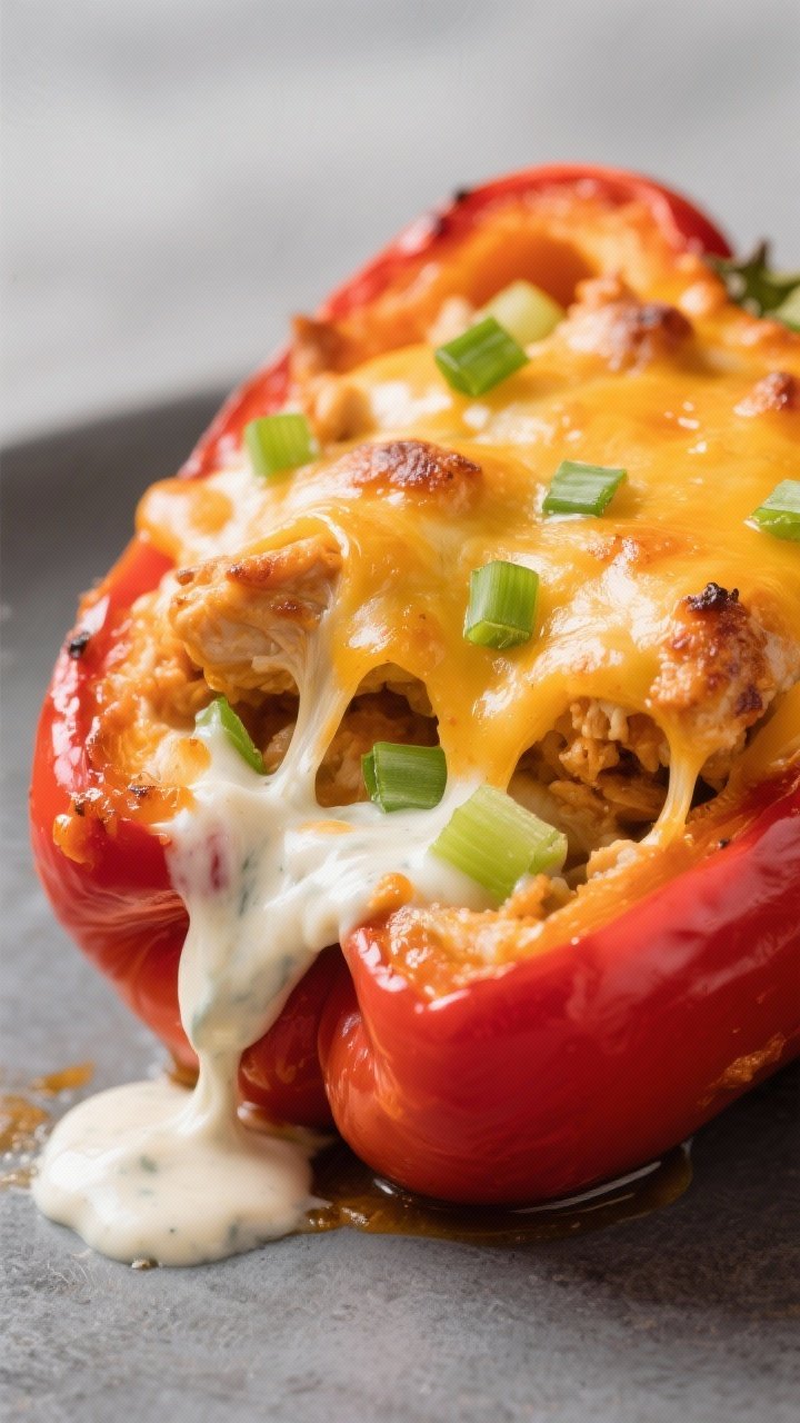 Close-up detail: Melty buffalo chicken stuffed bell pepper just out of the oven, cheese pull in focu