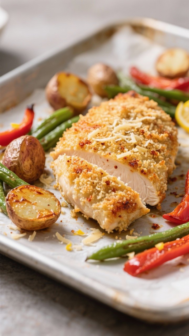 Close-up detail: Parmesan-crusted chicken breast fresh from the oven on a sheet pan, golden-brown cr