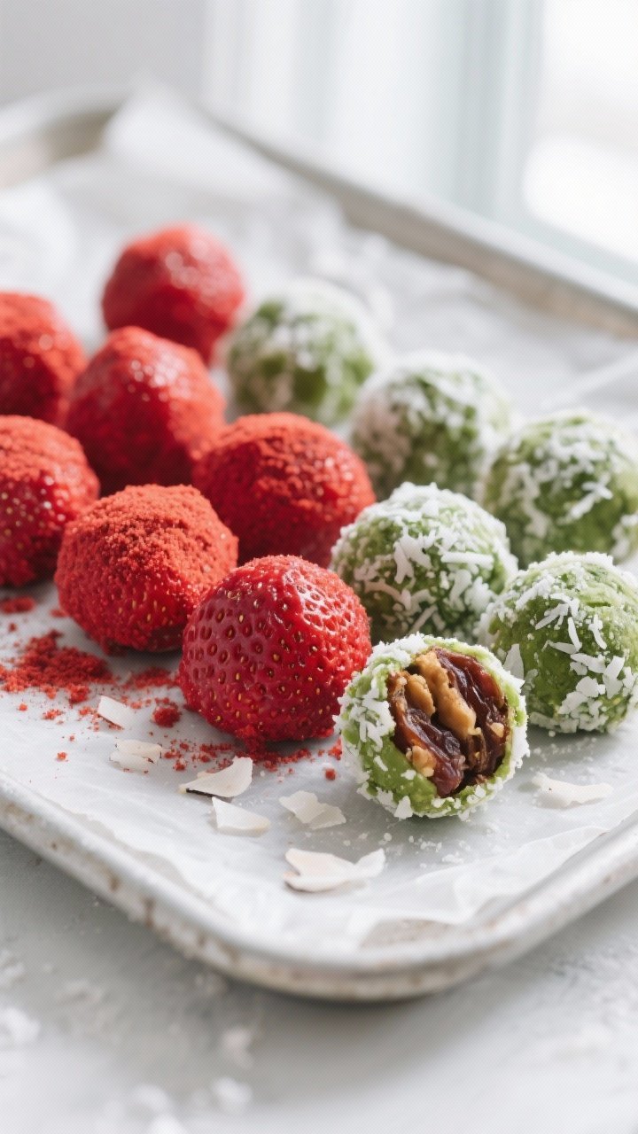 Close-up detail shot: A cluster of finished Red & Green Christmas Energy Balls on a parchment-lined 