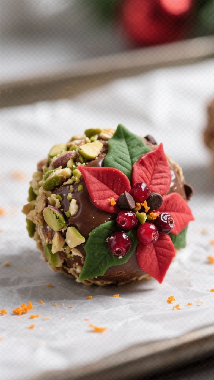 Close-up detail shot: A freshly rolled Poinsettia Protein Ball with a glossy, chewy chocolate-oat ce