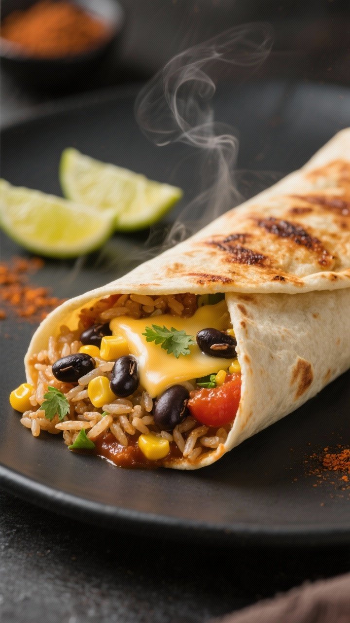 Close-up detail shot: A freshly seared vegetarian rice and black bean burrito, seam-side down with a