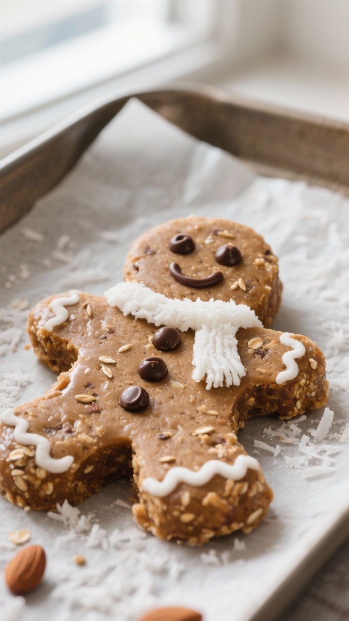 Close-up detail shot: A gingerbread man–shaped energy ball, fully prepared and chilled, with mini 