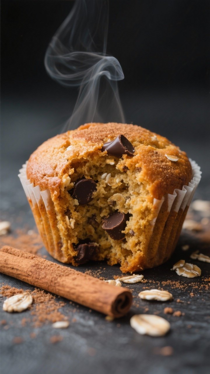 Close-up detail shot: A just-baked mini pumpkin protein muffin torn open to reveal a moist, tender c