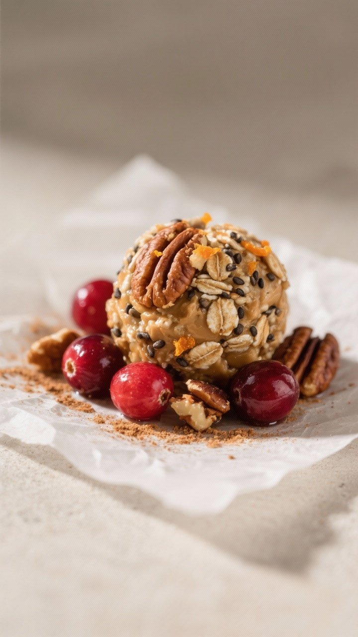 Close-up detail shot: A just-chilled Travel-Friendly Thanksgiving Protein Bite held in a small clust