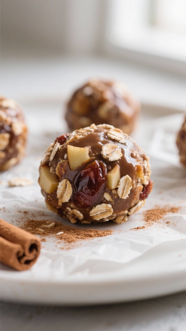 Close-up detail shot: A just-rolled Apple Cinnamon Energy Ball held together with glossy date-and-nu